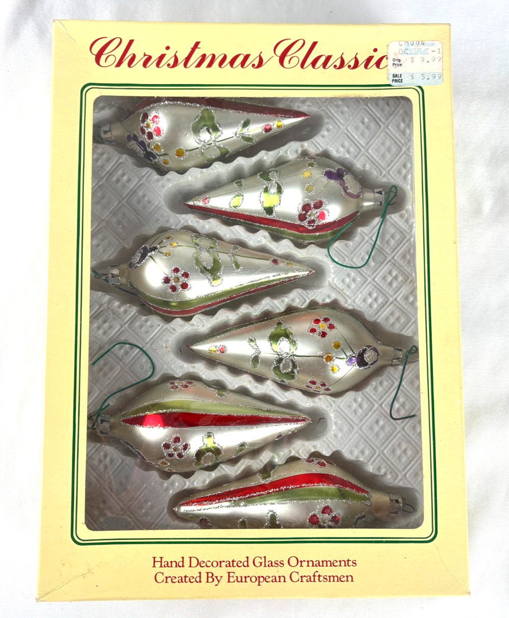 Vtg Romania Hand Decorated Glass Finial Ornaments Set of 6 Silver Red Glitter